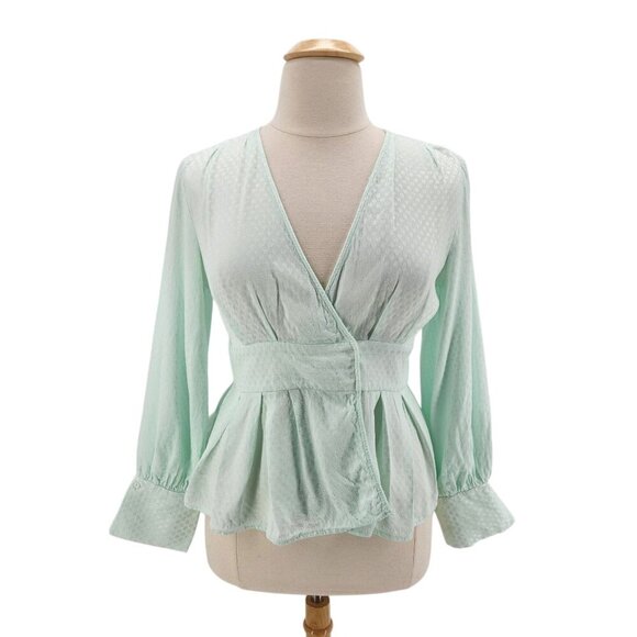 Something Navy Jacquard Wrap Surplice Peplum Mint Green Blouse Top Womens 1X - Picture 1 of 9
